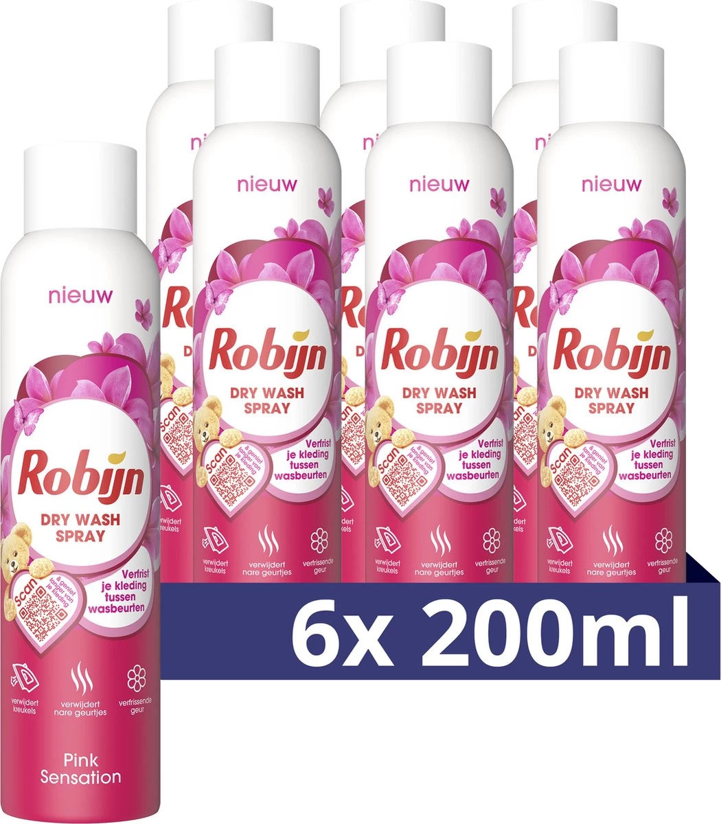 Robijn Pink Sensation Dry Wash Spray - 6 X 200 Ml - Voordeelverpakking 3 Robijn Pink Sensation Dry Wash Spray - 6 X 200 Ml - Voordeelverpakking