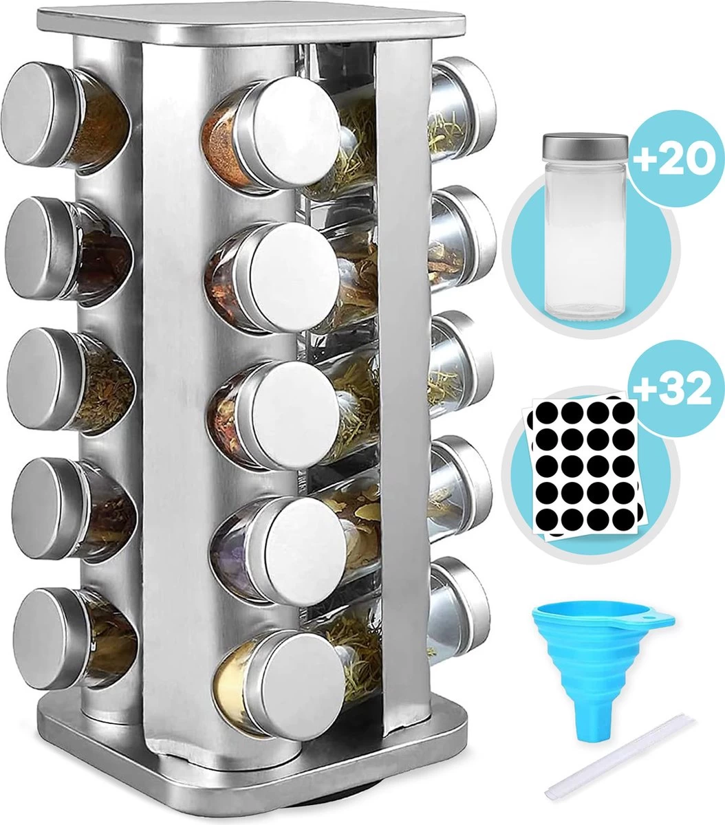 LuZana® Draaibaar Kruidenrek -RVS- Staand Met Potjes - 20 Kruidenpotjes Met Strooideksel – Incl. Labels, Krijtstift En Trechter 3 LuZana® Draaibaar Kruidenrek -RVS- Staand Met Potjes - 20 Kruidenpotjes Met Strooideksel – Incl. Labels, Krijtstift En Trechter