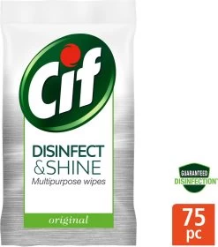 Cif Disinfect & Shine Wipes Doden 99,99% Van De Bacteriën Original Desinfecterende Schoonmaakdoekjes, Van 100% Biologisch Afbreekbaar Textiel 5 X 75 Doekjes -Schoonmaakmiddelen 1059x1200