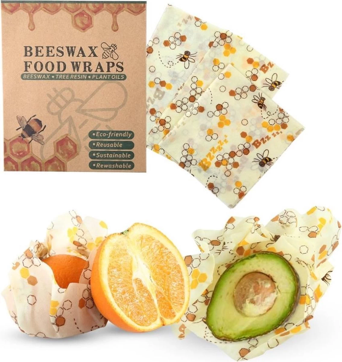 Bijenwas Doek - 3-pack - Bees Wrap - Bijen En Honingraat Print 4 Bijenwas Doek - 3-pack - Bees Wrap - Bijen En Honingraat Print - Afbeelding 2