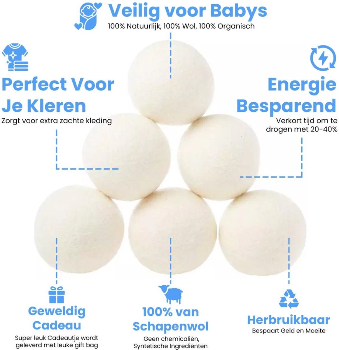 DRYQUICK Drogerballen- Wasbollen- Duurzaam Schapenwol - Herbruikbaar- 6 XL Wasballen Wit 8 DRYQUICK Drogerballen- Wasbollen- Duurzaam Schapenwol - Herbruikbaar- 6 XL Wasballen Wit - Afbeelding 6