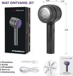 DynaBright Elektrische Pluizenverwijderaar - Draadloos - 2 Extra Opzetstukken - Pluizentondeuse - Grijs -Schoonmaakmiddelen 1163x1200 2