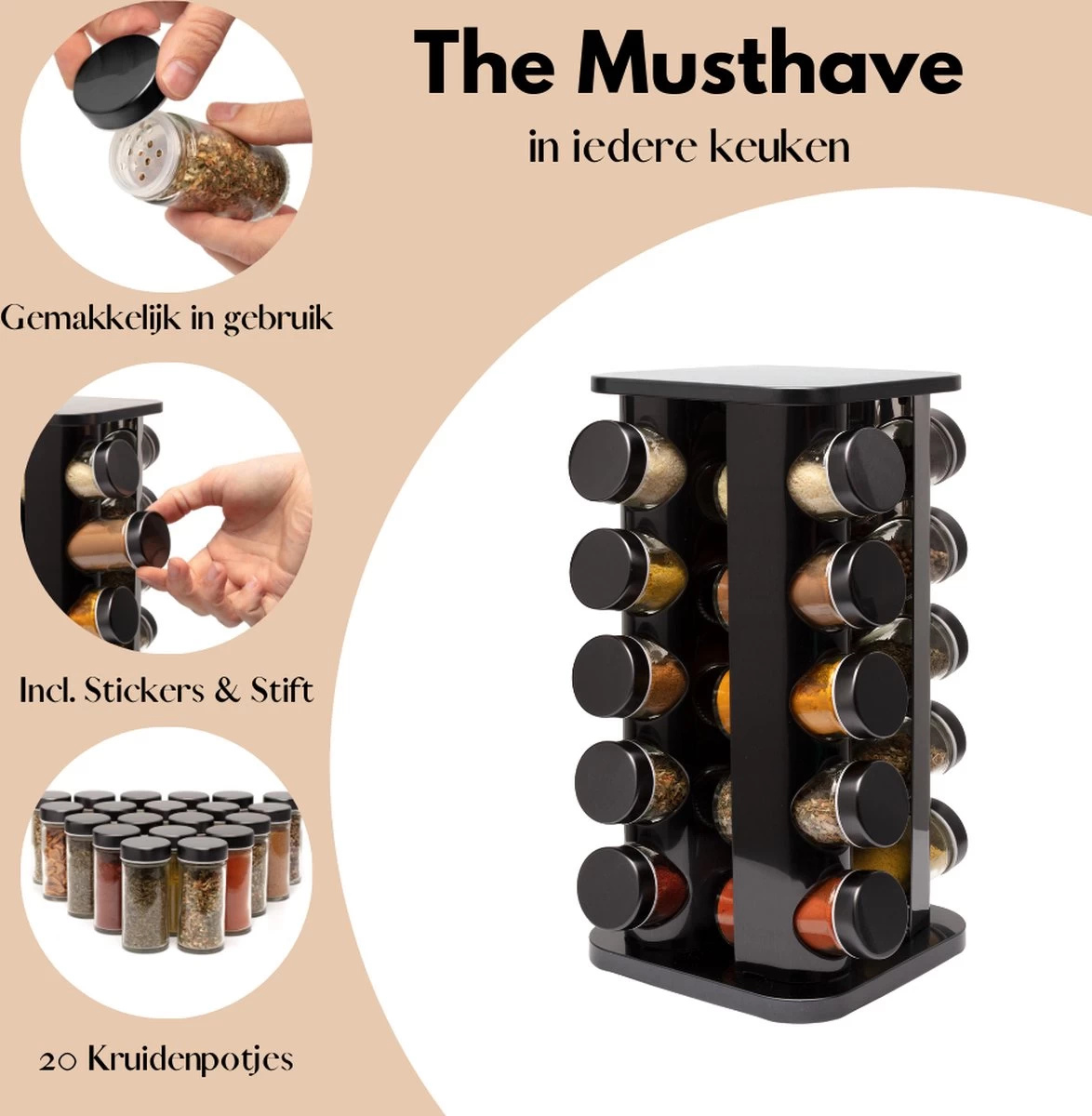 Pazzo Goods - Kruidenrek Staand - Kruidenrek Met Potjes - Zwart - RVS - Kruidenrek Draaibaar - 20 Kruidenpotjes - Inclusief Stickers & Stift - Kruiden Carrousel 5 Pazzo Goods - Kruidenrek Staand - Kruidenrek Met Potjes - Zwart - RVS - Kruidenrek Draaibaar - 20 Kruidenpotjes - Inclusief Stickers & Stift - Kruiden Carrousel - Afbeelding 3