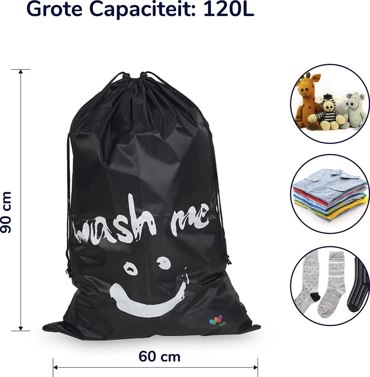 Wonair - Grote Waszak - Laundry Bag - Wash Me - 60x90cm - Zwart - Met Trekkoord 10 Wonair - Grote Waszak - Laundry Bag - Wash Me - 60x90cm - Zwart - Met Trekkoord - Afbeelding 8