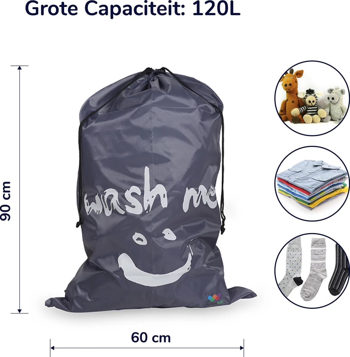 Wonair - Grote Waszak - Wash Me - Wastas - 60x90cm - Grijs - Met Trekkoord 9 Wonair - Grote Waszak - Wash Me - Wastas - 60x90cm - Grijs - Met Trekkoord - Afbeelding 7
