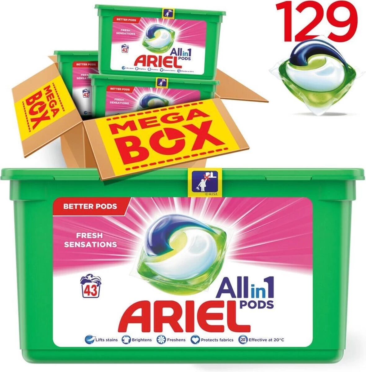 Ariel All In 1 Wasmiddel Pods Fresh Sensations - 3x43 Wasbeurten - Halfjaarbox 4 Ariel All In 1 Wasmiddel Pods Fresh Sensations - 3x43 Wasbeurten - Halfjaarbox - Afbeelding 2