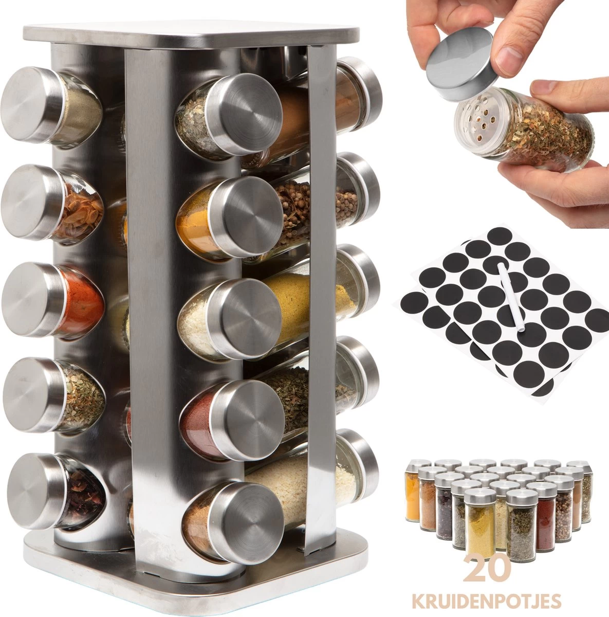 Pazzo Goods - Kruidenrek Staand - Kruidenrek Met Potjes - Zilver - RVS - Kruidenrek Draaibaar - 20 Kruidenpotjes - Inclusief Stickers & Stift - Kruiden Carrousel 3 Pazzo Goods - Kruidenrek Staand - Kruidenrek Met Potjes - Zilver - RVS - Kruidenrek Draaibaar - 20 Kruidenpotjes - Inclusief Stickers & Stift - Kruiden Carrousel