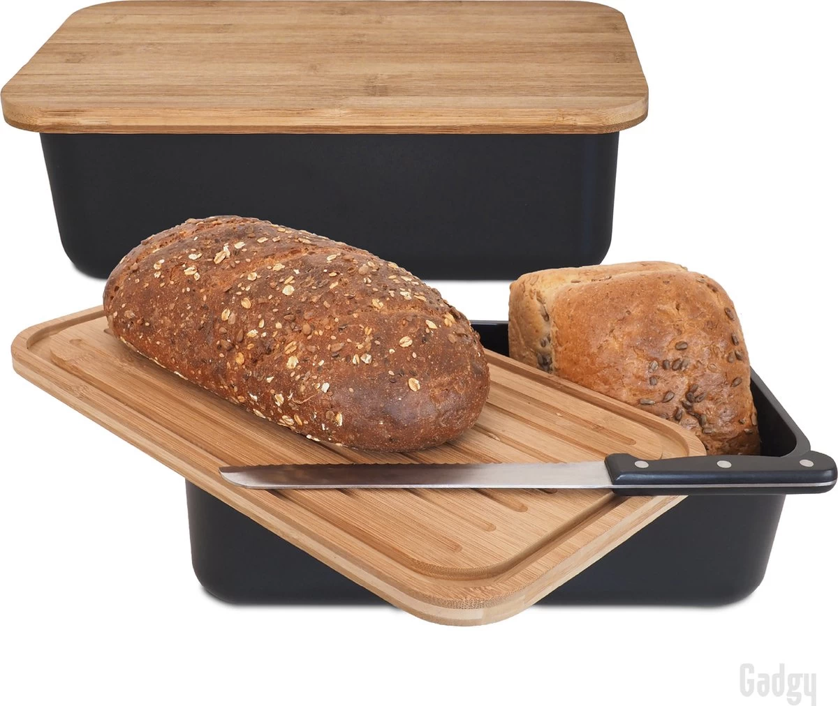 Gadgy Broodtrommel Met Bamboe Deksel – Brooddoos Met Snijplank - 36x19.5x11.5 Cm- Zwart 3 Gadgy Broodtrommel Met Bamboe Deksel – Brooddoos Met Snijplank - 36x19.5x11.5 Cm- Zwart