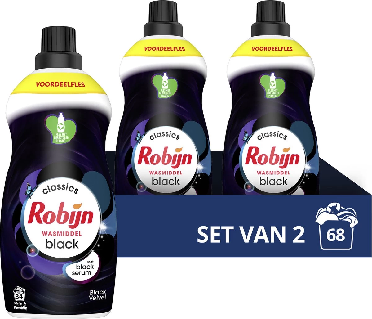 Robijn Klein & Krachtig Classics Black Velvet Vloeibaar Wasmiddel - 2 X 34 Wasbeurten - Voordeelverpakking 3 Robijn Klein & Krachtig Classics Black Velvet Vloeibaar Wasmiddel - 2 X 34 Wasbeurten - Voordeelverpakking