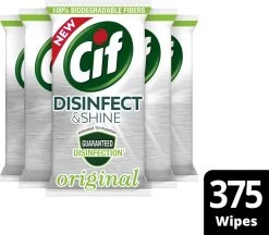 Cif Disinfect & Shine Wipes Doden 99,99% Van De Bacteriën Original Desinfecterende Schoonmaakdoekjes, Van 100% Biologisch Afbreekbaar Textiel 5 X 75 Doekjes -Schoonmaakmiddelen 1200x1050 3