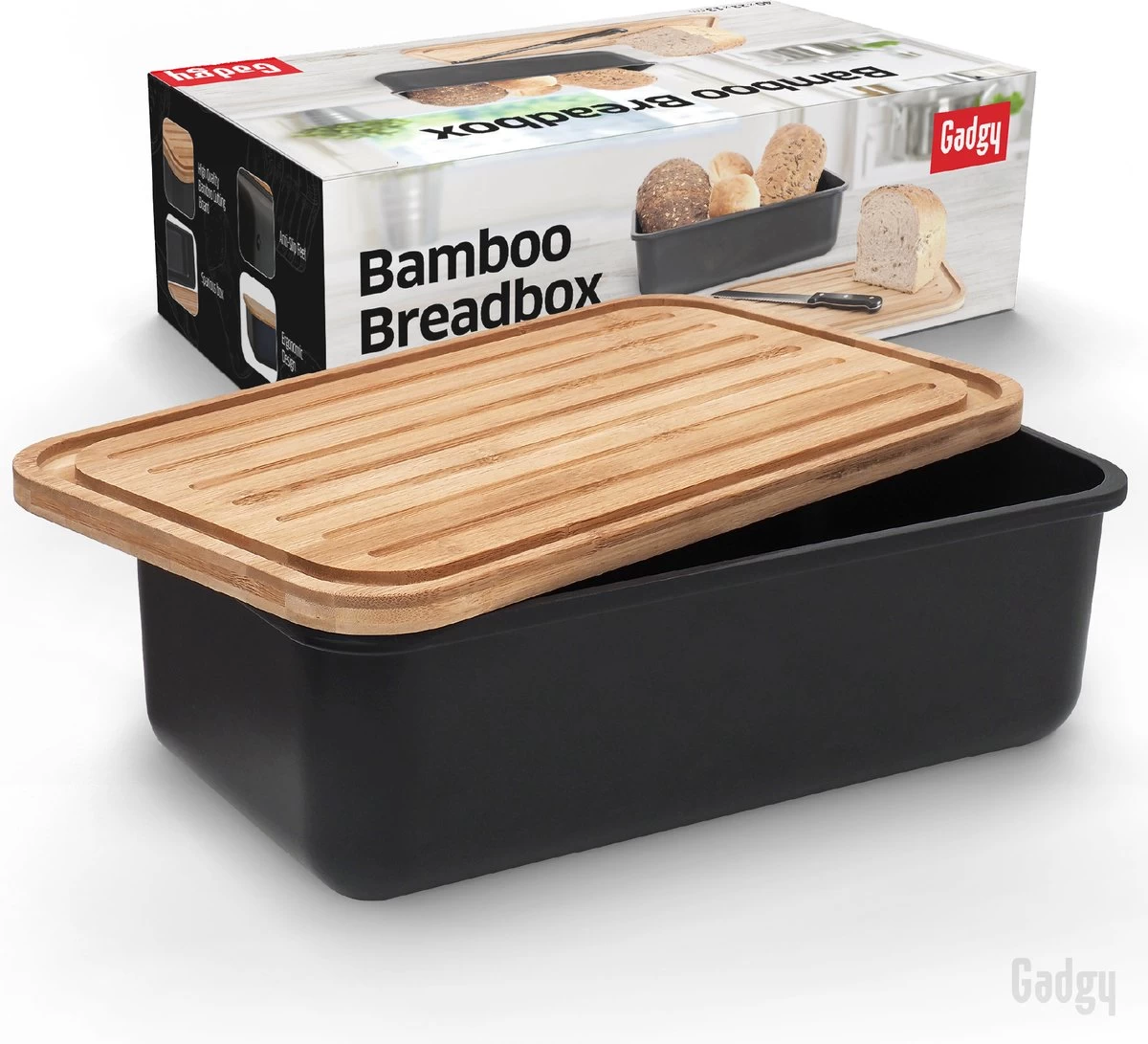 Gadgy Broodtrommel Met Bamboe Deksel – Brooddoos Met Snijplank - 36x19.5x11.5 Cm- Zwart 10 Gadgy Broodtrommel Met Bamboe Deksel – Brooddoos Met Snijplank - 36x19.5x11.5 Cm- Zwart - Afbeelding 8