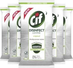 Cif Disinfect & Shine Wipes Doden 99,99% Van De Bacteriën Original Desinfecterende Schoonmaakdoekjes, Van 100% Biologisch Afbreekbaar Textiel 5 X 75 Doekjes -Schoonmaakmiddelen 1200x1111 2