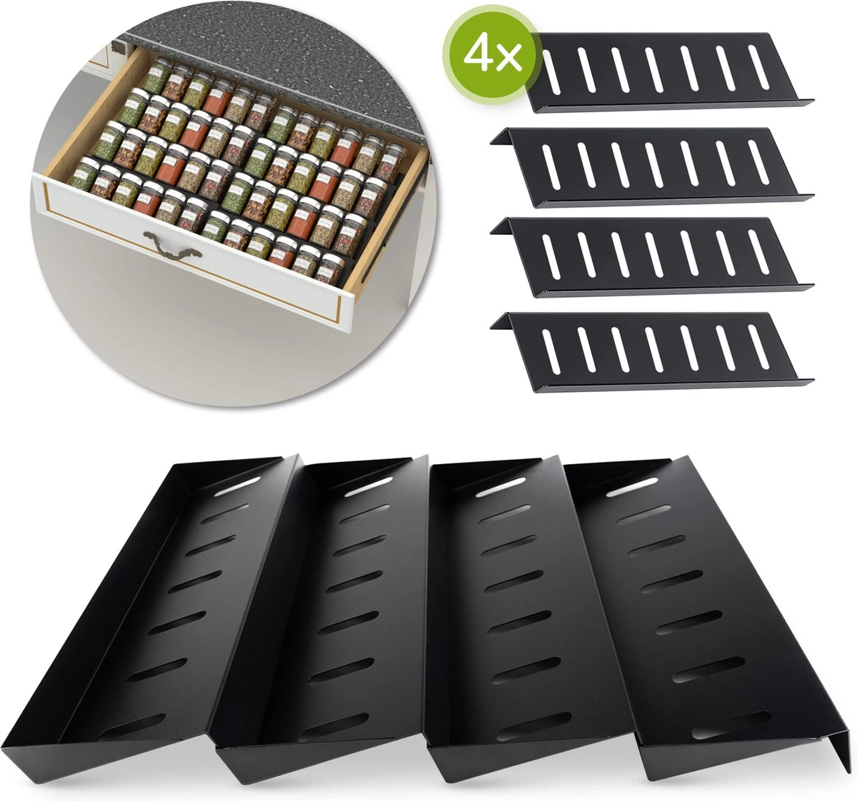 Kruidenrek Lade - Zwart - 4 Laags - Aluminium - Kruidenpotjes Opbergen 3 Kruidenrek Lade - Zwart - 4 Laags - Aluminium - Kruidenpotjes Opbergen