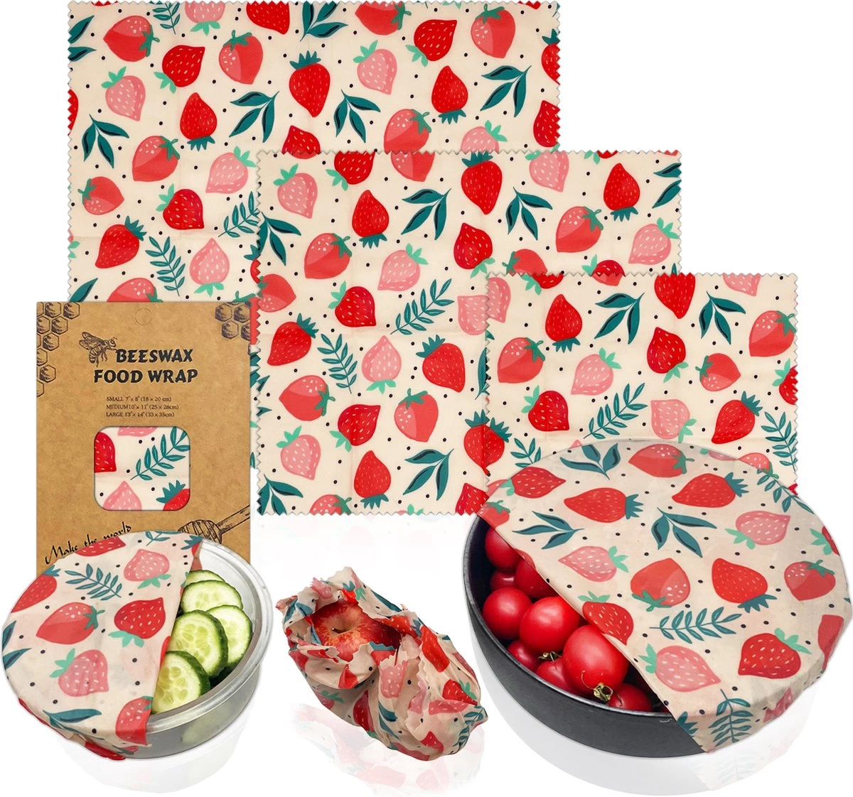 Bijenwas Wraps (Bijenwas Doek) - "rode Aardbei" Set Van 3 - 1S, 1M, 1L - Beeswax Wraps - Herbruikbaar Boterhamzakje - Bee Wrap - Beewax - Bijenwasdoek - Zero Waste - Duurzaam Cadeau 3 Bijenwas Wraps (Bijenwas Doek) - "rode Aardbei" Set Van 3 - 1S, 1M, 1L - Beeswax Wraps - Herbruikbaar Boterhamzakje - Bee Wrap - Beewax - Bijenwasdoek - Zero Waste - Duurzaam Cadeau