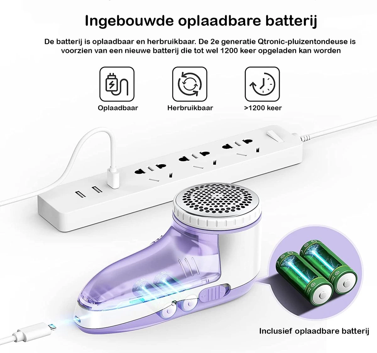 Qtronic Elektrische Pluizenverwijderaar - Ontpluizer/Pluizentondeuse - Draadloos - Extra Opzetstuk - Paars 4 Qtronic Elektrische Pluizenverwijderaar - Ontpluizer/Pluizentondeuse - Draadloos - Extra Opzetstuk - Paars - Afbeelding 2