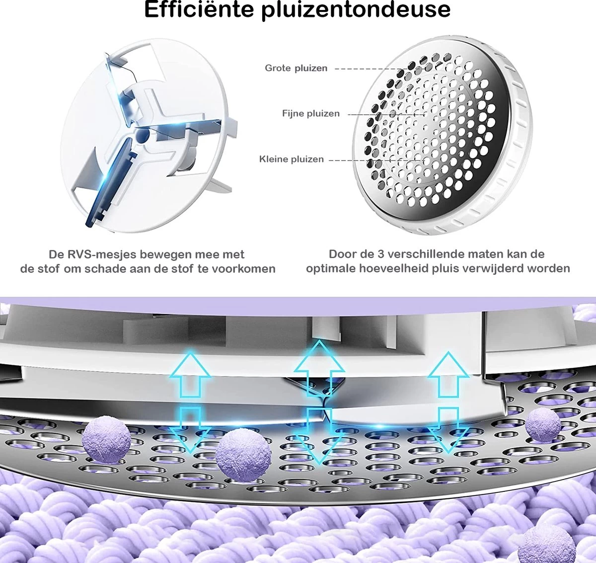 Qtronic Elektrische Pluizenverwijderaar - Ontpluizer/Pluizentondeuse - Draadloos - Extra Opzetstuk - Paars 9 Qtronic Elektrische Pluizenverwijderaar - Ontpluizer/Pluizentondeuse - Draadloos - Extra Opzetstuk - Paars - Afbeelding 7