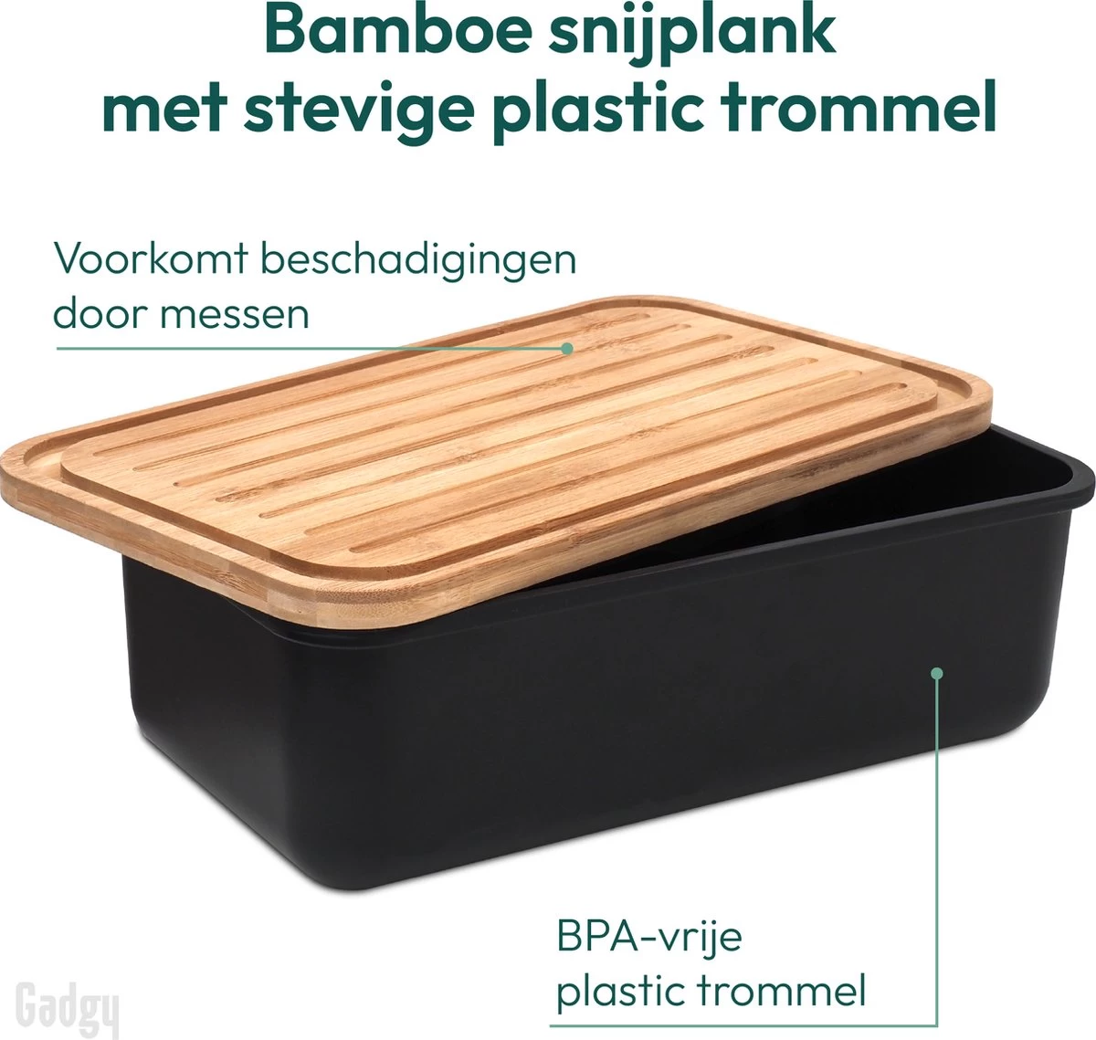 Gadgy Broodtrommel Met Bamboe Deksel – Brooddoos Met Snijplank - 36x19.5x11.5 Cm- Zwart 8 Gadgy Broodtrommel Met Bamboe Deksel – Brooddoos Met Snijplank - 36x19.5x11.5 Cm- Zwart - Afbeelding 6