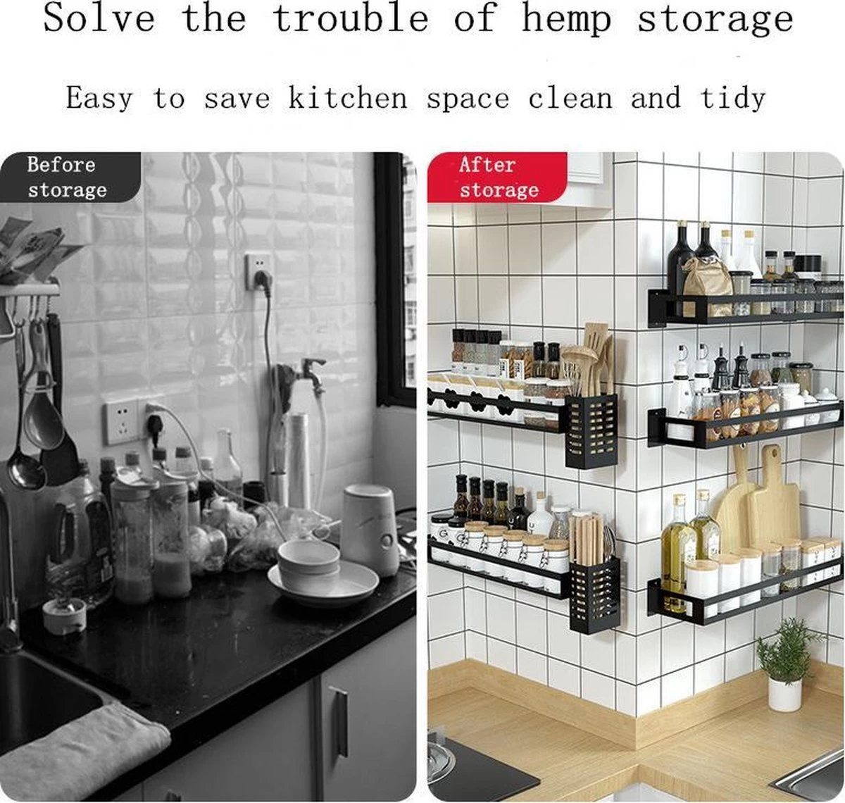 Merkloos Kruidenrek / Opbergrek - RVS - Perforatievrij Aan De Muur Gemonteerd - 50x13x6 Cm - Zwart 6 Merkloos Kruidenrek / Opbergrek - RVS - Perforatievrij Aan De Muur Gemonteerd - 50x13x6 Cm - Zwart - Afbeelding 4