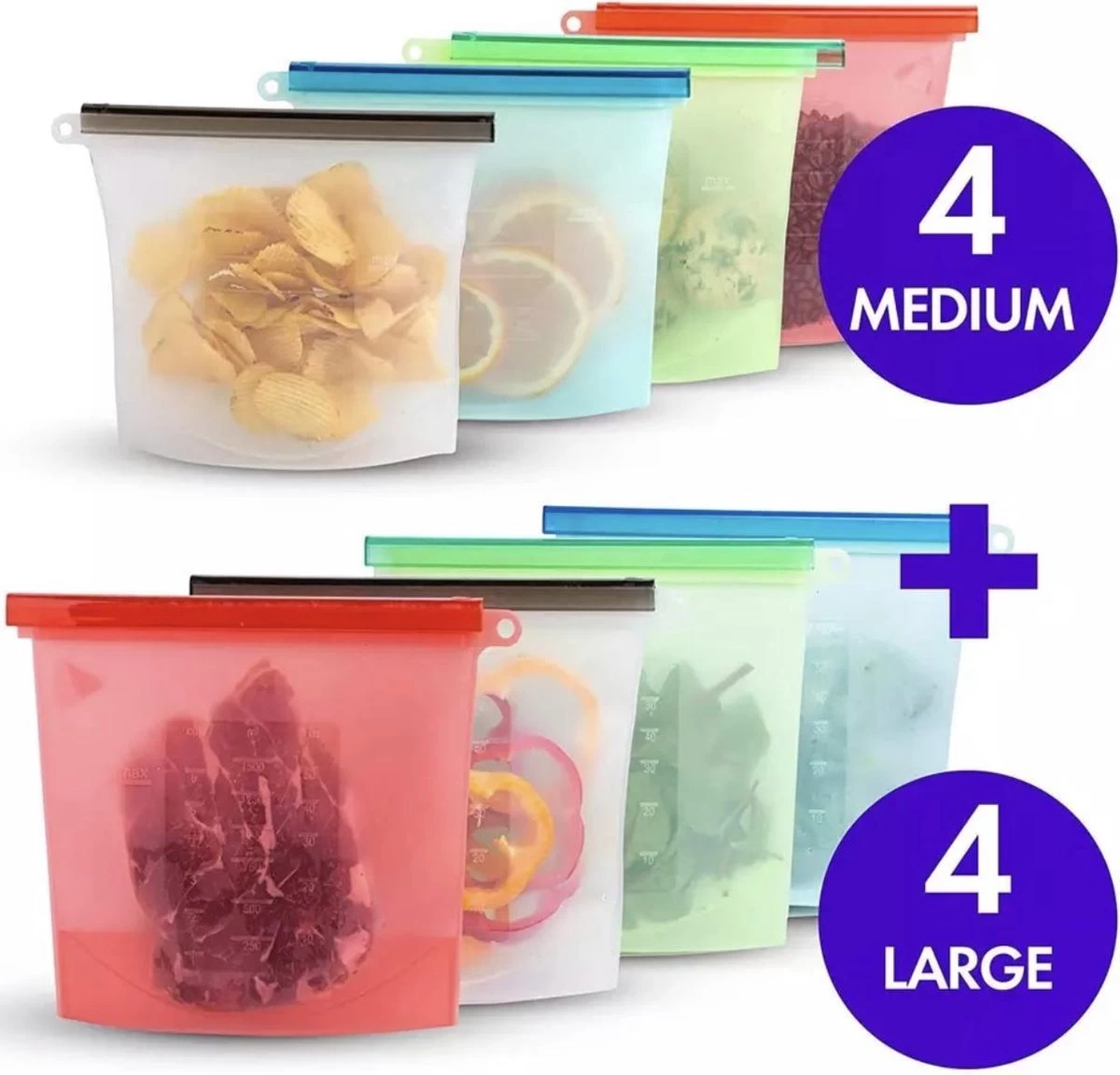 Siliconen Vershoudzakken - Set Van 8 ( 4x 1000ML + 4x 1500ML) -(Transparant, Rood, Groen, Blauw) - Duurzaam - Herbruikbaar - Vries & Hitte Bestendig - Meal Prep - Opbergzak Maatbeker Meal Prep Container 3 Siliconen Vershoudzakken - Set Van 8 ( 4x 1000ML + 4x 1500ML) -(Transparant, Rood, Groen, Blauw) - Duurzaam - Herbruikbaar - Vries & Hitte Bestendig - Meal Prep - Opbergzak Maatbeker Meal Prep Container
