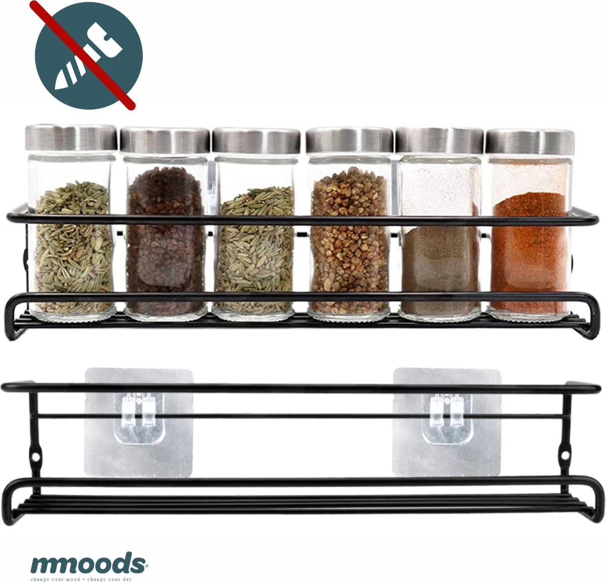 Mmoods Kruidenrek Ophangbaar Zonder Boren - 2 Laags Voor 16 Kruidenpotjes - Speciaal Voor Muur, Wandkast, Kastdeur - Hangende Kruidenorganizer Keuken - Keukenaccessoires 3 Mmoods Kruidenrek Ophangbaar Zonder Boren - 2 Laags Voor 16 Kruidenpotjes - Speciaal Voor Muur, Wandkast, Kastdeur - Hangende Kruidenorganizer Keuken - Keukenaccessoires