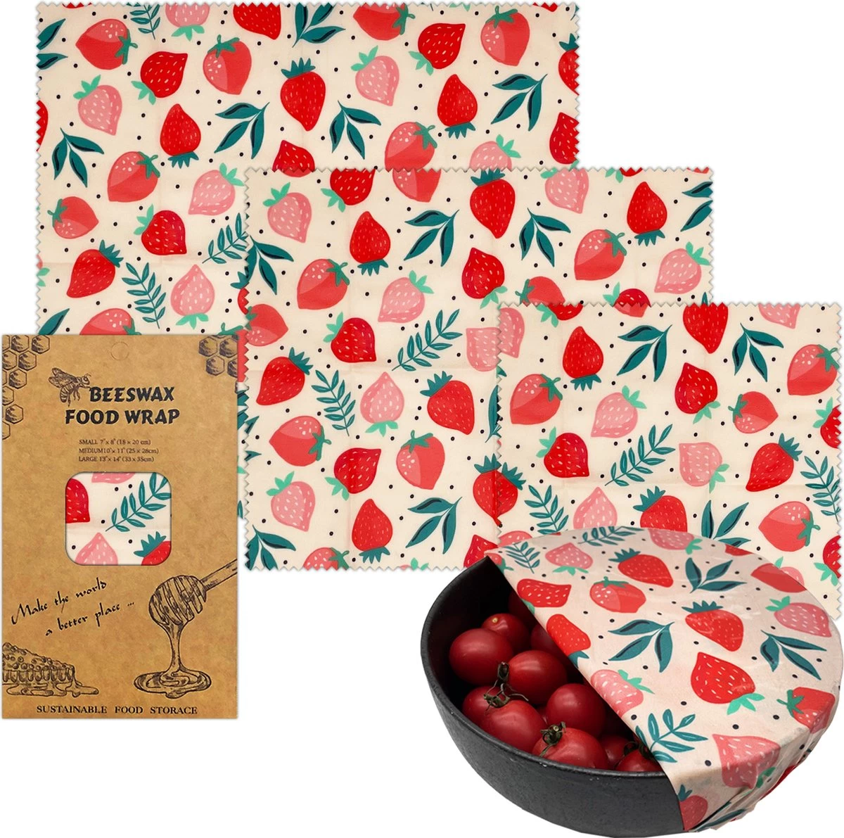 Bijenwas Wraps (Bijenwas Doek) - "rode Aardbei" Set Van 3 - 1S, 1M, 1L - Beeswax Wraps - Herbruikbaar Boterhamzakje - Bee Wrap - Beewax - Bijenwasdoek - Zero Waste - Duurzaam Cadeau 9 Bijenwas Wraps (Bijenwas Doek) - "rode Aardbei" Set Van 3 - 1S, 1M, 1L - Beeswax Wraps - Herbruikbaar Boterhamzakje - Bee Wrap - Beewax - Bijenwasdoek - Zero Waste - Duurzaam Cadeau - Afbeelding 7