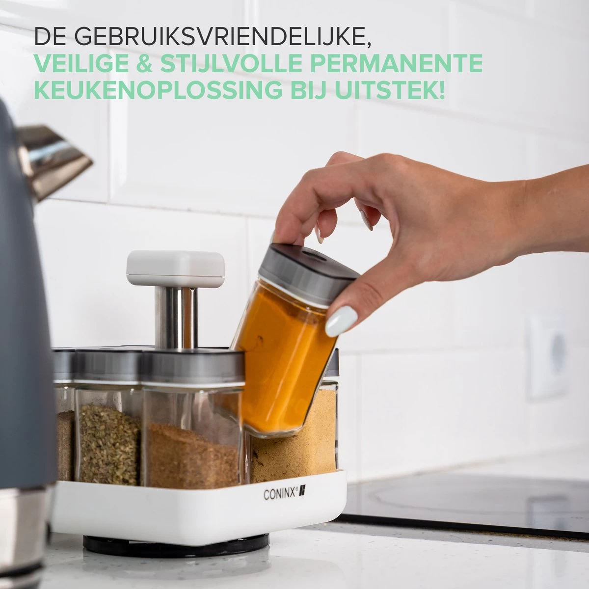 Coninx Kruidenrek Staand - Draaiend Kruidenrek Met Glazen Potjes - Kruidencarrousel Draaibaar - 8 Kruidenpotjes - Wit / RVS 5 Coninx Kruidenrek Staand - Draaiend Kruidenrek Met Glazen Potjes - Kruidencarrousel Draaibaar - 8 Kruidenpotjes - Wit / RVS - Afbeelding 3