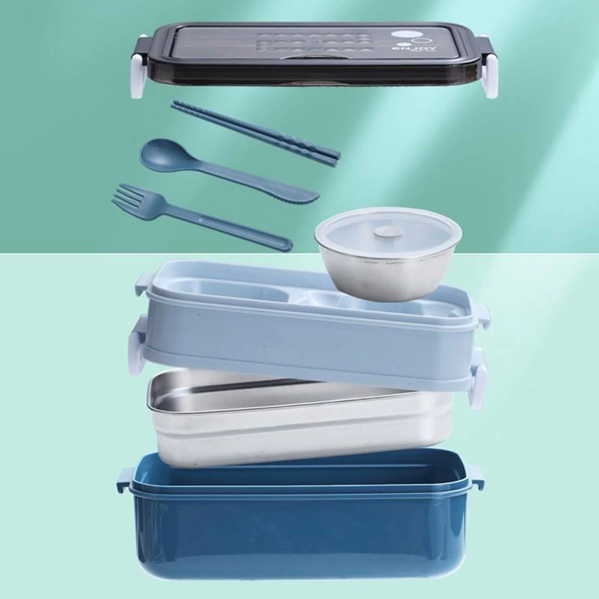 Lunchbox - Meal Prep Bakjes - Lunch Box Met Deksel - Meal Prep – Bento Box - Lunchtrommel Met Bestek Blauw 15 Lunchbox - Meal Prep Bakjes - Lunch Box Met Deksel - Meal Prep – Bento Box - Lunchtrommel Met Bestek Blauw - Afbeelding 13