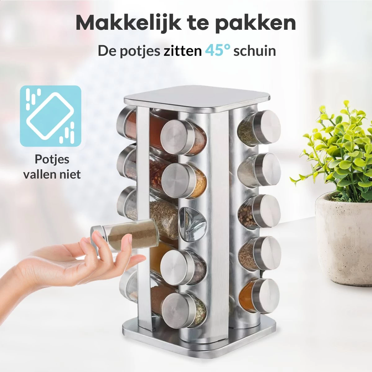 LuZana® Draaibaar Kruidenrek -RVS- Staand Met Potjes - 20 Kruidenpotjes Met Strooideksel – Incl. Labels, Krijtstift En Trechter 6 LuZana® Draaibaar Kruidenrek -RVS- Staand Met Potjes - 20 Kruidenpotjes Met Strooideksel – Incl. Labels, Krijtstift En Trechter - Afbeelding 4