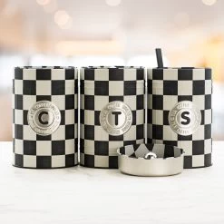 Industrial Living Voorraadblikken – Voorraadbussen Koffie Thee Suiker – Bewaarblik – Checkerboard – Voorraadpot Geblokt Voor Koek – Metaal - Set Van 3 – Zwart - Wit -Schoonmaakmiddelen 1200x1200 1570