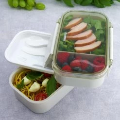 Homra Lunchbox STAQS Grey - Bento Box - 2 Laags Broodtrommel - 3 Compartimenten - Grijs - Lunch To Go - Duurzaam Kunststof - BPA Vrij - 3 Vaks Lunchtrommel Voor Volwassenen - Inclusief Bestek - Magnetron, Diepvries, Vaatwasser Bestendig - Vers Houden -Schoonmaakmiddelen 1200x1200 1620