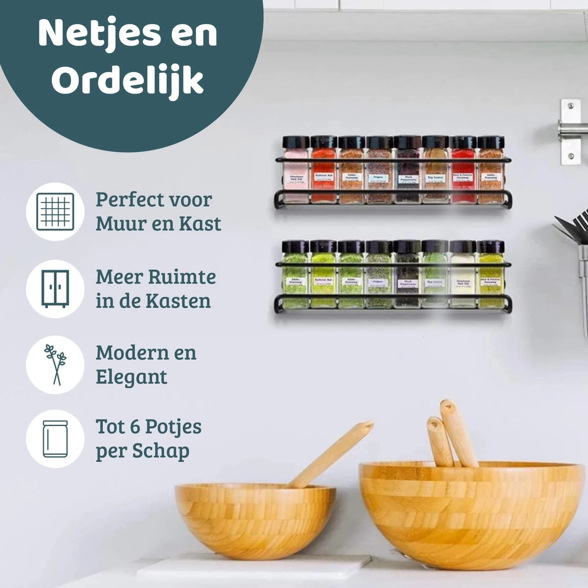 Mmoods Kruidenrek Ophangbaar Zonder Boren - 2 Laags Voor 16 Kruidenpotjes - Speciaal Voor Muur, Wandkast, Kastdeur - Hangende Kruidenorganizer Keuken - Keukenaccessoires 7 Mmoods Kruidenrek Ophangbaar Zonder Boren - 2 Laags Voor 16 Kruidenpotjes - Speciaal Voor Muur, Wandkast, Kastdeur - Hangende Kruidenorganizer Keuken - Keukenaccessoires - Afbeelding 5