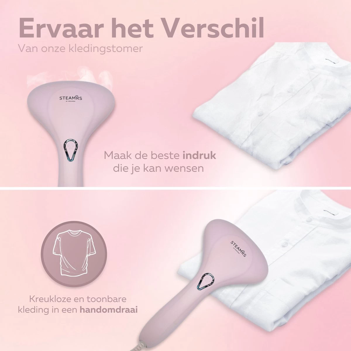 STEAMR - Krachtige Luxe Kledingstomer - Handstomer - Roze 4 STEAMR - Krachtige Luxe Kledingstomer - Handstomer - Roze - Afbeelding 2