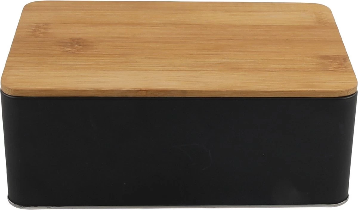 Set Van 2x Stuks Opbergblikken/bewaarblikken Zwart Met Bamboe Deksel 1,7L 19 X 13 X 7 Cm - Voorraadblikken/koekblikken 4 Set Van 2x Stuks Opbergblikken/bewaarblikken Zwart Met Bamboe Deksel 1,7L 19 X 13 X 7 Cm - Voorraadblikken/koekblikken - Afbeelding 2