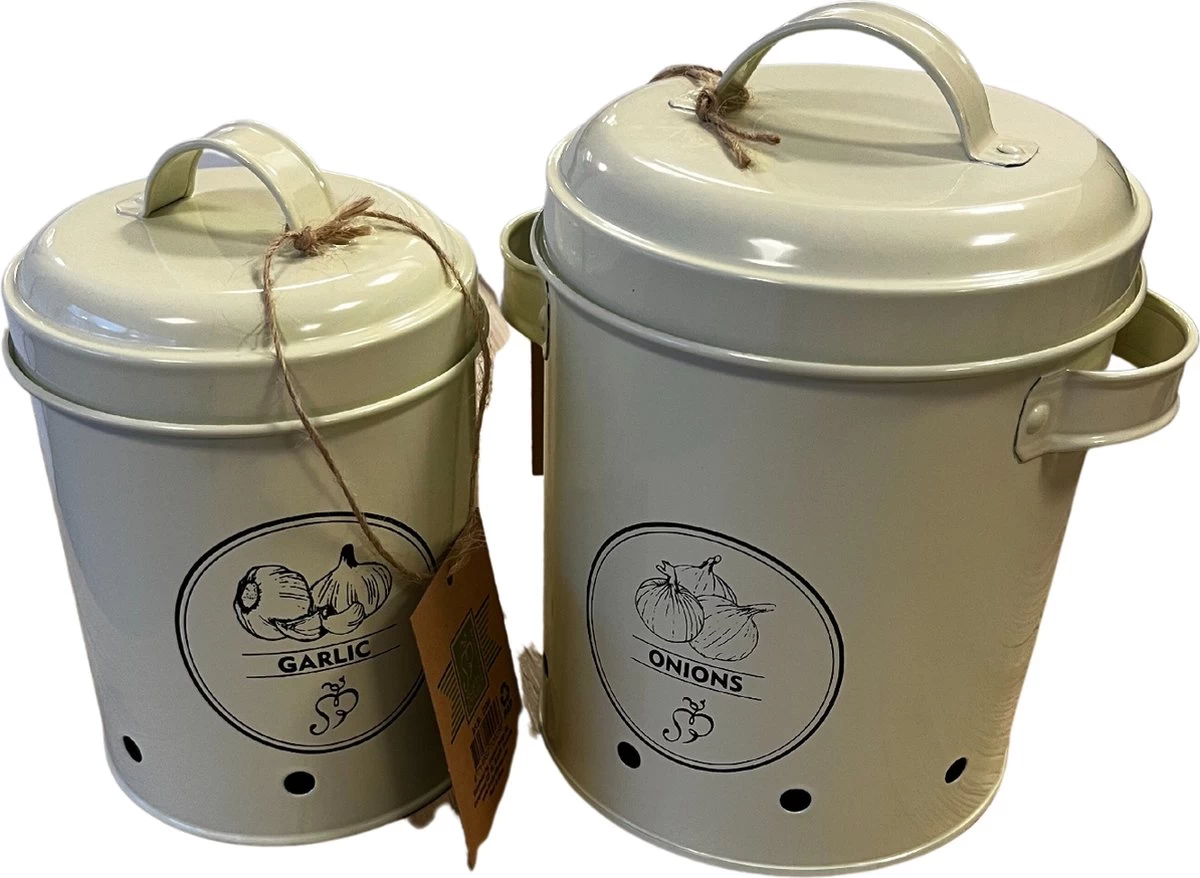 ESSCHERT DESIGN Set Van 2 Voorraadblikken Uien En Knoflook 3 ESSCHERT DESIGN Set Van 2 Voorraadblikken Uien En Knoflook