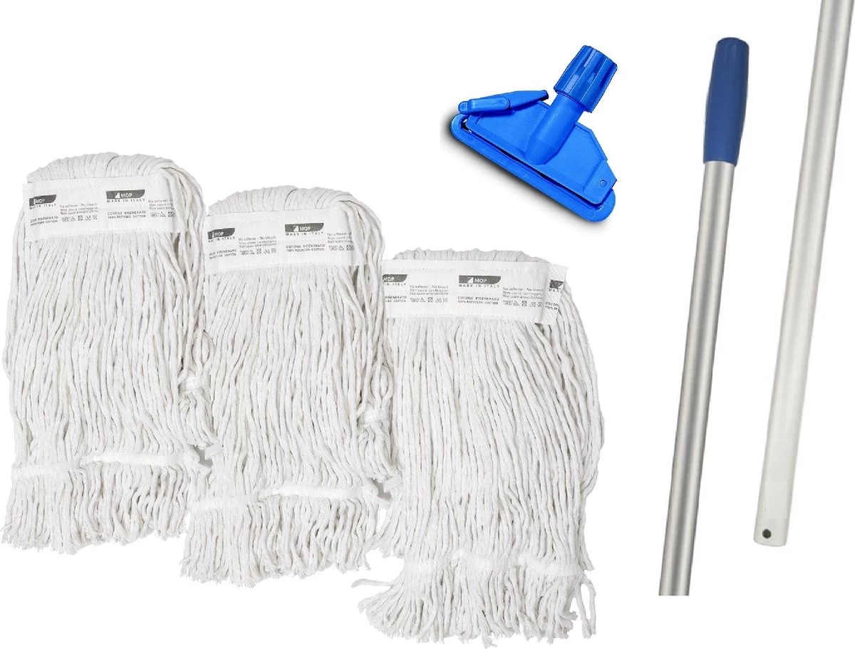 MAUS Dweil Set Compleet - Aluminium Dweilstok - 3 Recycled Moppen - Lichtgewicht Set Professional 3 MAUS Dweil Set Compleet - Aluminium Dweilstok - 3 Recycled Moppen - Lichtgewicht Set Professional