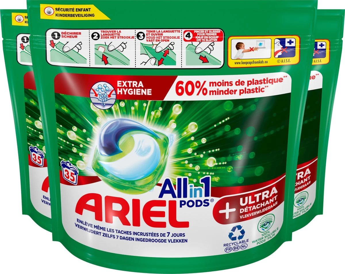 Ariel All In 1 Wasmiddel Pods+ Vlekverwijderaar - Wascapsules - Voordeelverpakking - 3 X 35 Wasbeurten 3 Ariel All In 1 Wasmiddel Pods+ Vlekverwijderaar - Wascapsules - Voordeelverpakking - 3 X 35 Wasbeurten