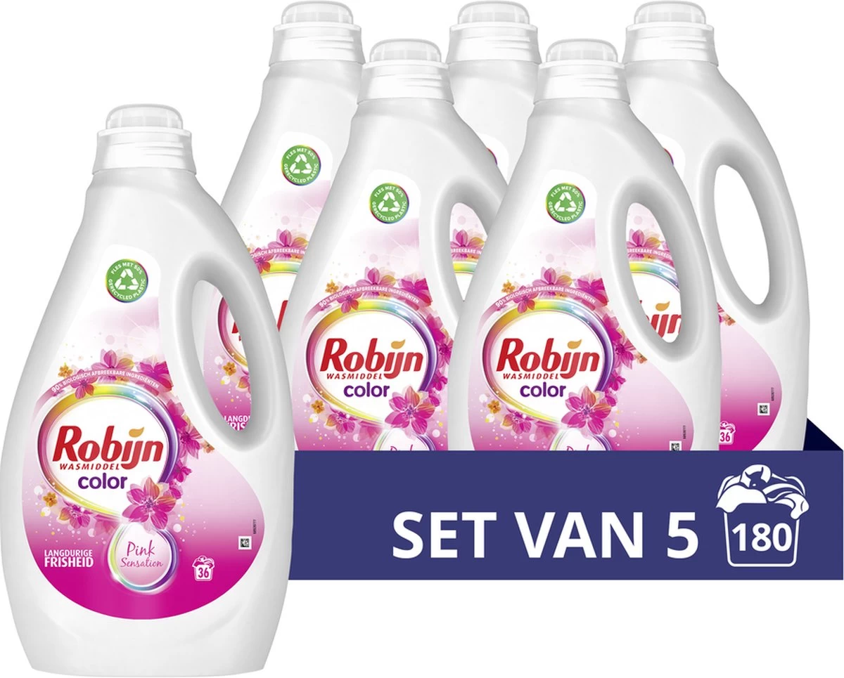 Robijn Color Pink Sensation Vloeibaar Wasmiddel - 5 X 36 Wasbeurten - Voordeelverpakking 3 Robijn Color Pink Sensation Vloeibaar Wasmiddel - 5 X 36 Wasbeurten - Voordeelverpakking