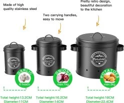 Professionele Bewaardozen - Set Van 3 - Voor Aardappels, Uien En Knoflook - Retro Design - Voorraadcontainer Van Metaal - Keukenopslag - Groentes Bewaren Voor Lange Tijd - Perfect Cadeau Voor In De Keuken -Schoonmaakmiddelen 1200x999 1