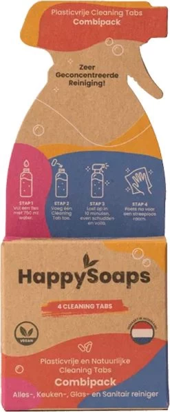 HappySoaps Cleaning Tabs - Combipack Met 4 Verschillende Tabs - Allesreiniger, Keukenreiniger, Glasreiniger En Sanitairreiniger - 100% Plasticvrij, Duurzaam & Vegan -Schoonmaakmiddelen 496x1200 1