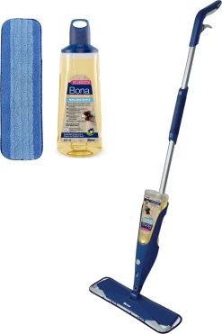 Bona Premium Spray Mop - Alles-in-1 Dweilsysteem - Vloerwisser Inclusief Geoliede Houten Vloer Reiniger & Microvezel Reinigingspad - Streeploos - Sneldrogend
