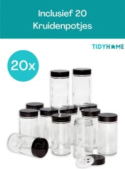 TidyHome Kruidenrek Draaibaar - Kruidenpotjes - Kruiden Carrousel - 20 Kruidenpotjes - Zwart - RVS - Draaibaar - Aanrecht Organizer - Inclusief Labels, Pen En Trechter - Keuken Organizer -Schoonmaakmiddelen 889x1200 1