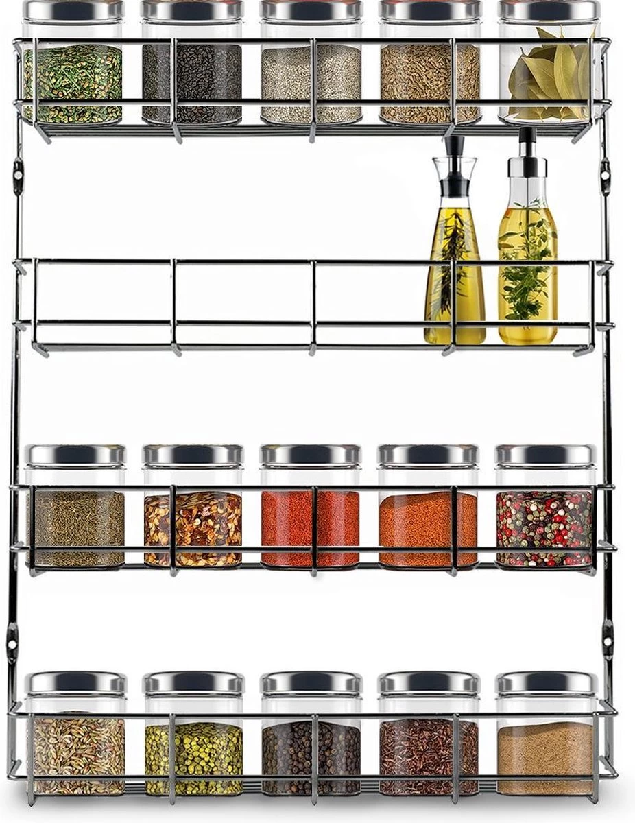 KitchenBrothers Ophangbaar Kruidenrek Voor 32 Kruidenpotjes - Spice Rack – Keuken Rek - Kruiden Organizer - Specerijen Opbergen - 4 Laags - 40 X 6.3 X 50 Cm - RVS 3 KitchenBrothers Ophangbaar Kruidenrek Voor 32 Kruidenpotjes - Spice Rack – Keuken Rek - Kruiden Organizer - Specerijen Opbergen - 4 Laags - 40 X 6.3 X 50 Cm - RVS