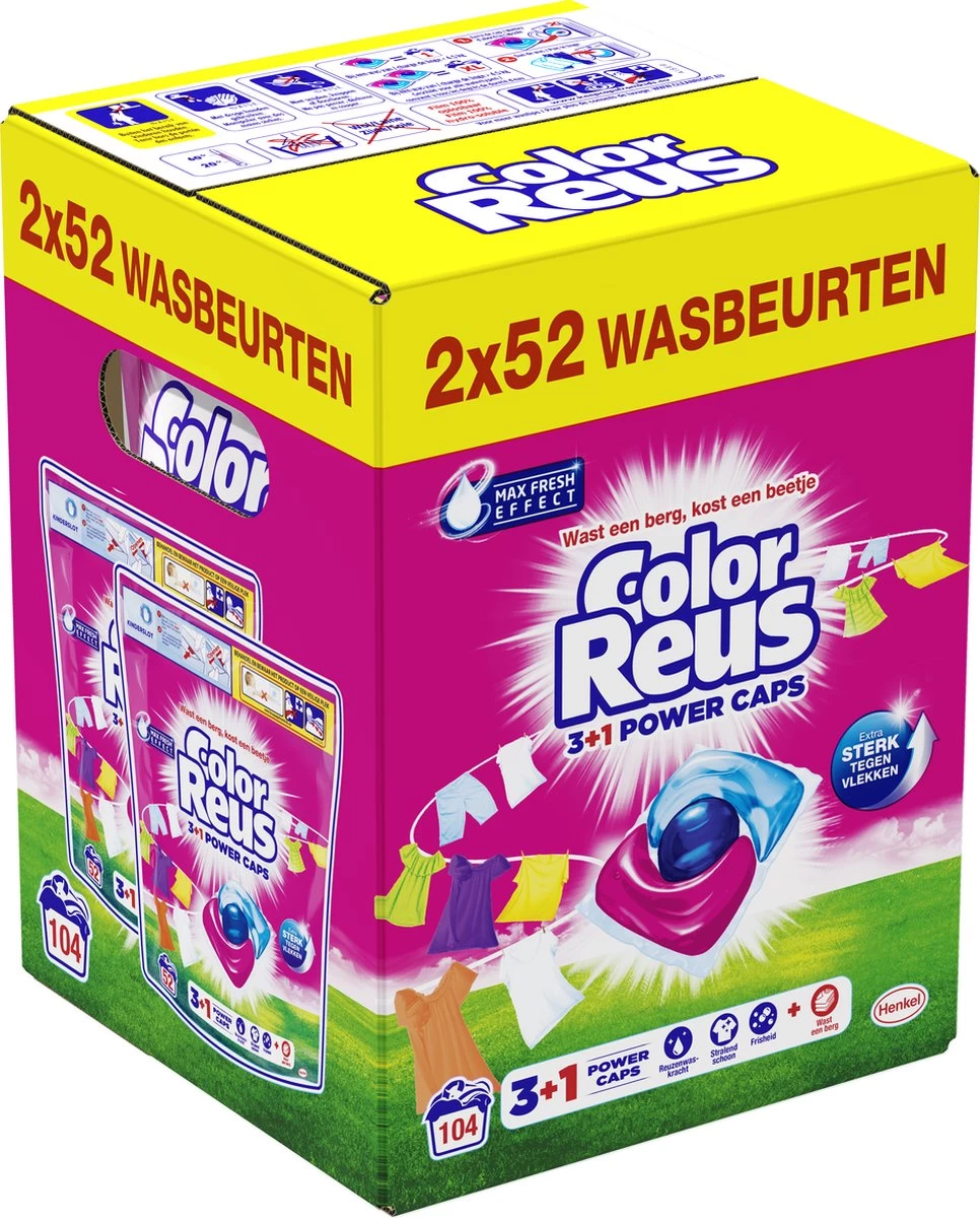 Color Reus Power Caps Wascapsules - Wasmiddel Capsules - Voordeelverpakking - 2x52 Wasbeurten 4 Color Reus Power Caps Wascapsules - Wasmiddel Capsules - Voordeelverpakking - 2x52 Wasbeurten - Afbeelding 2
