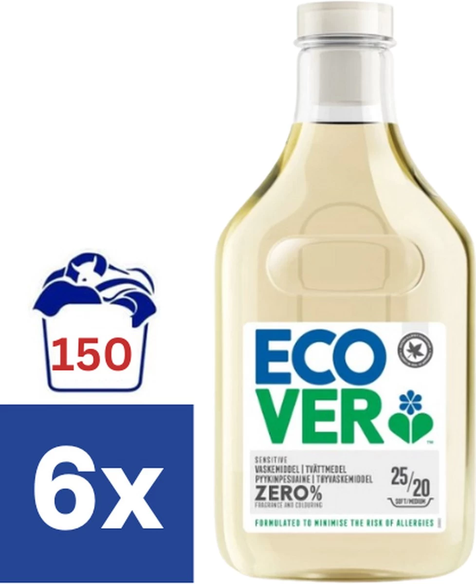 Ecover Zero% Vloeibaar Wasmiddel - 6 X 1 L (150 Wasbeurten) 3 Ecover Zero% Vloeibaar Wasmiddel - 6 X 1 L (150 Wasbeurten)